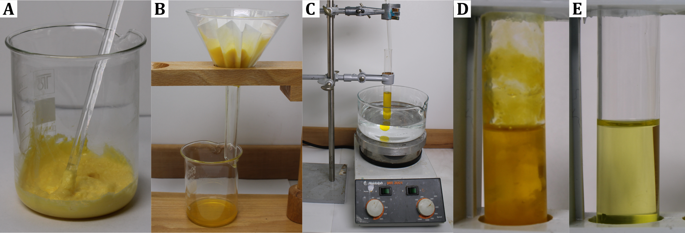 Eigelb wird zunächst mit Ethanol homogenisiert (A). Nach Zugabe von n-Heptan wird abfiltriert (B) und das Lösemittel eingedampft (C). Die entstandene Emulsion (D) nach dreimaligen Waschen mit Aceton (E).